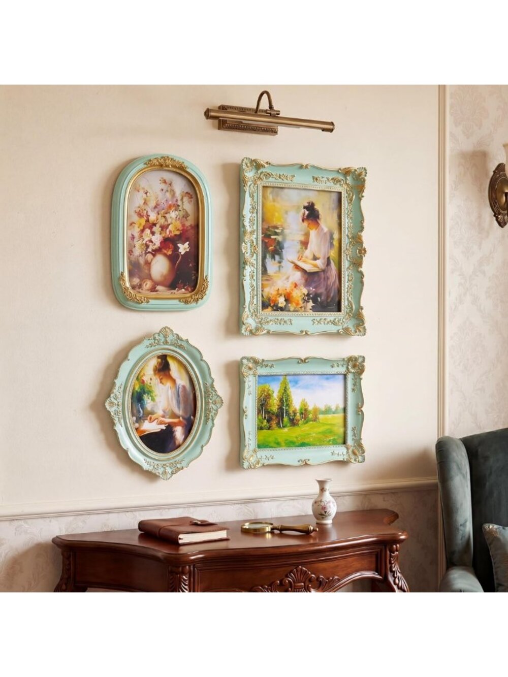 Vintage Mint Green Picture Frames Set of 4, Ornate Baroque Gallery Wall Decor